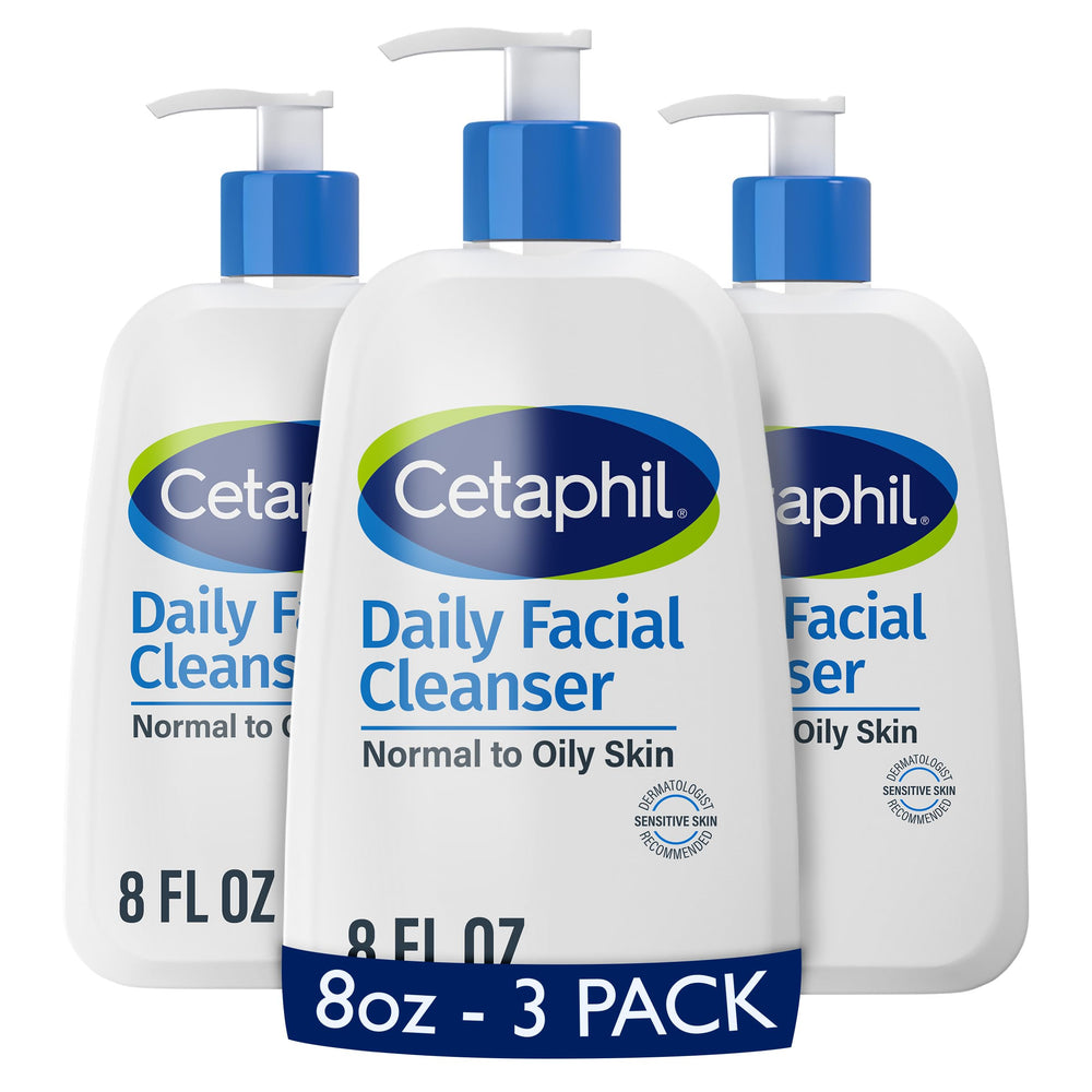 Cetaphil front packaging showing three 8oz bottles and product benefit