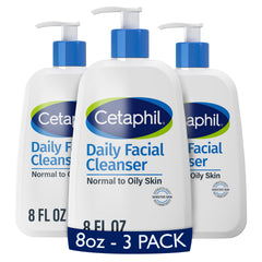 Cetaphil front packaging showing three 8oz bottles and product benefit