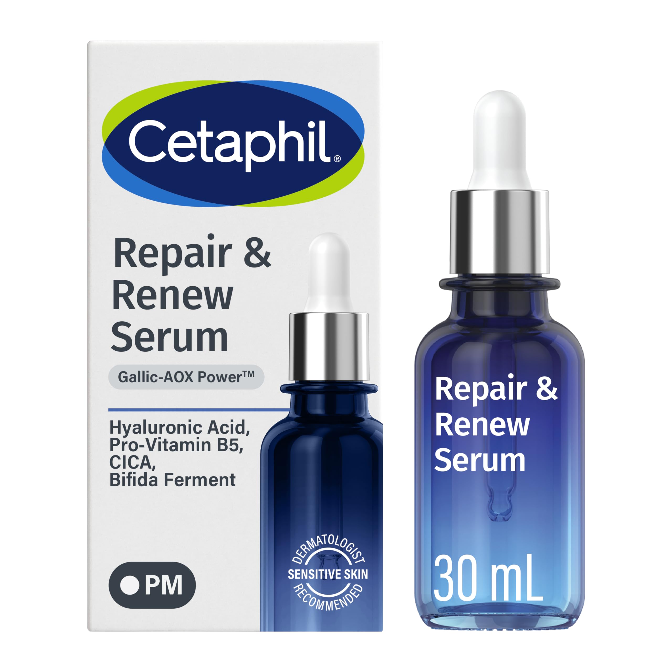 Cetaphil front bottle showing night serum and clear packaging benefits