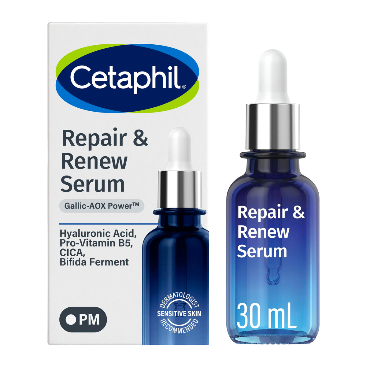 Cetaphil front bottle showing night serum and clear packaging benefits