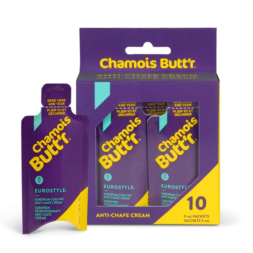 Chamois Butt'r Eurostyle front view showing 10-pack packets and labeling benefit