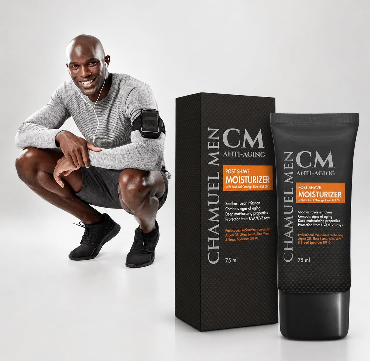 CHAMUEL MEN applied after shave on jawline to soothe and reduce redness