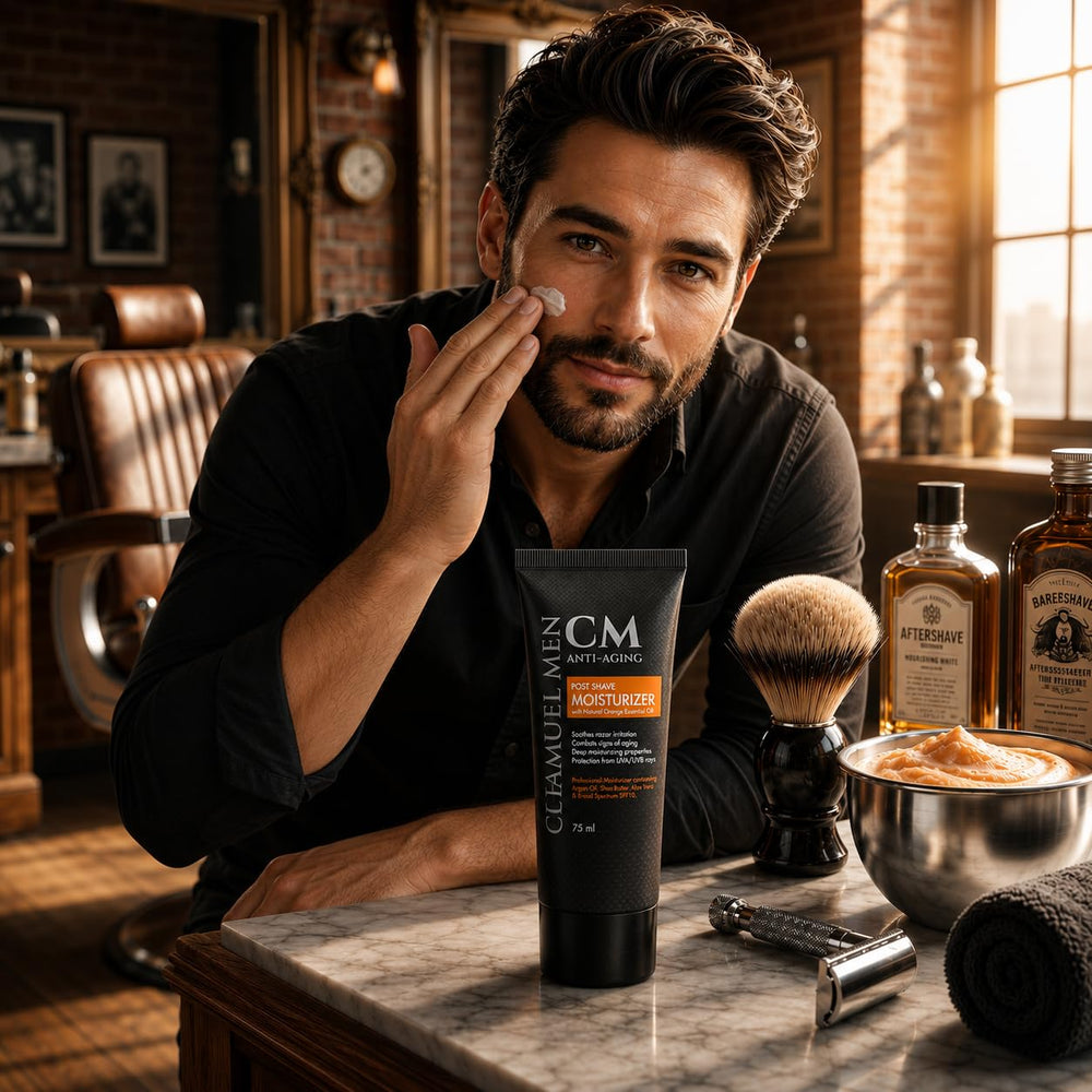 CHAMUEL MEN held in hand for scale to show travel-friendly 2.6 oz size