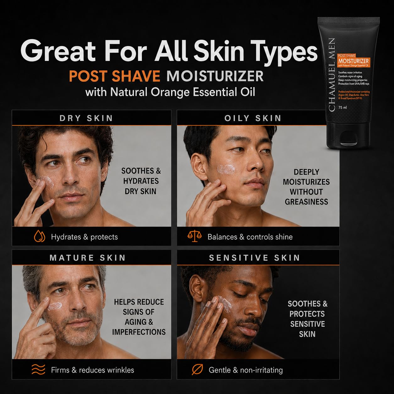 CHAMUEL MEN label close-up highlighting natural ingredients and clean formula