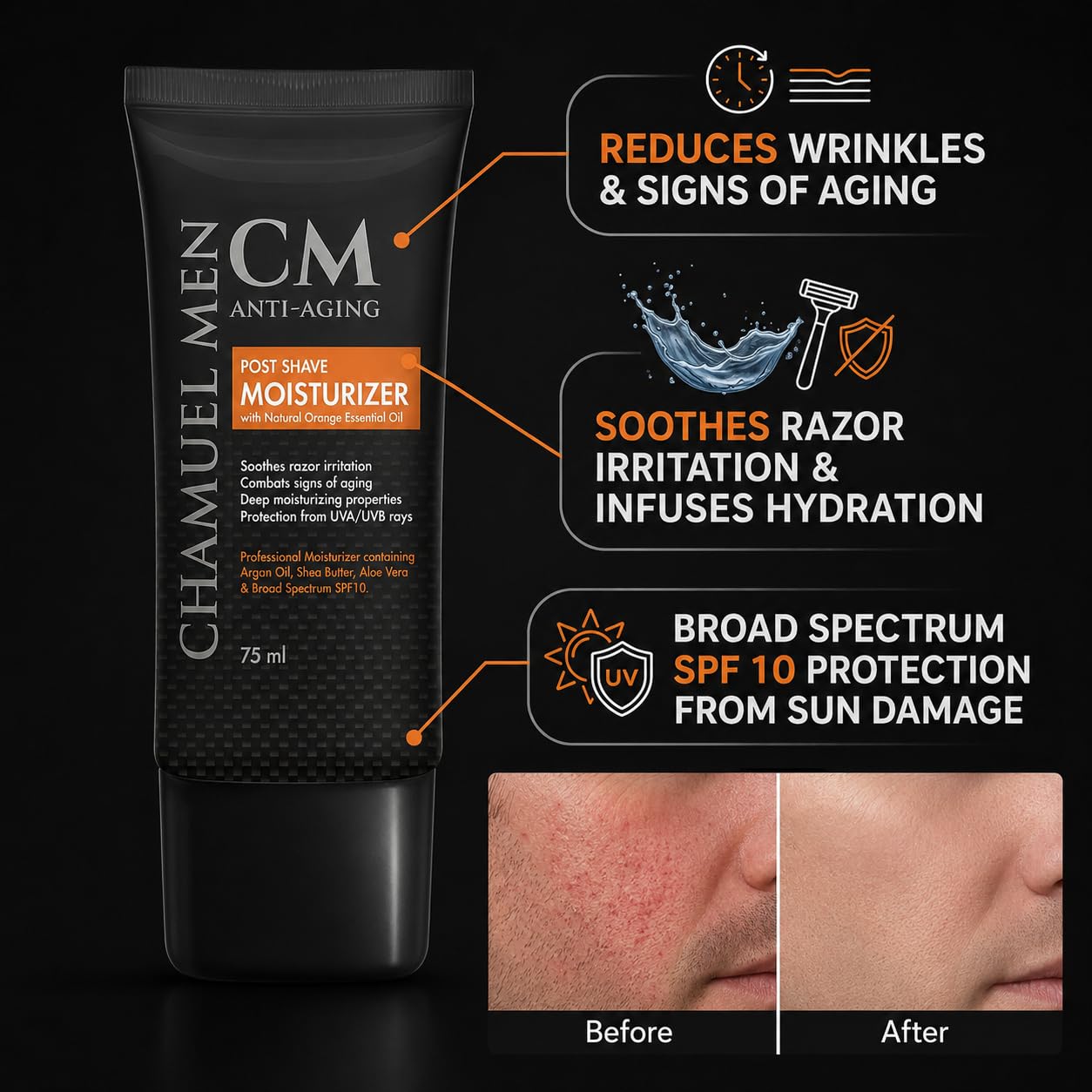 CHAMUEL MEN pump dispensing cream demonstrating easy controlled application