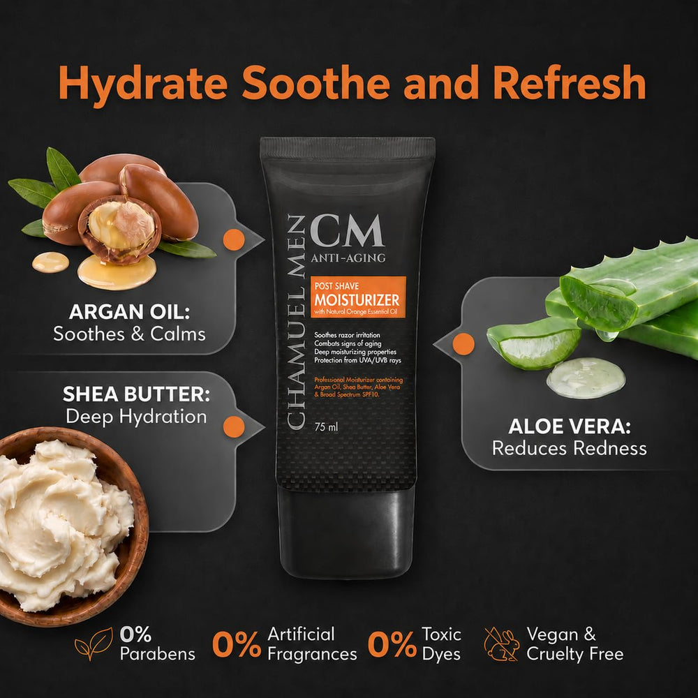 CHAMUEL MEN cream texture closeup showing lightweight absorbent formula benefit
