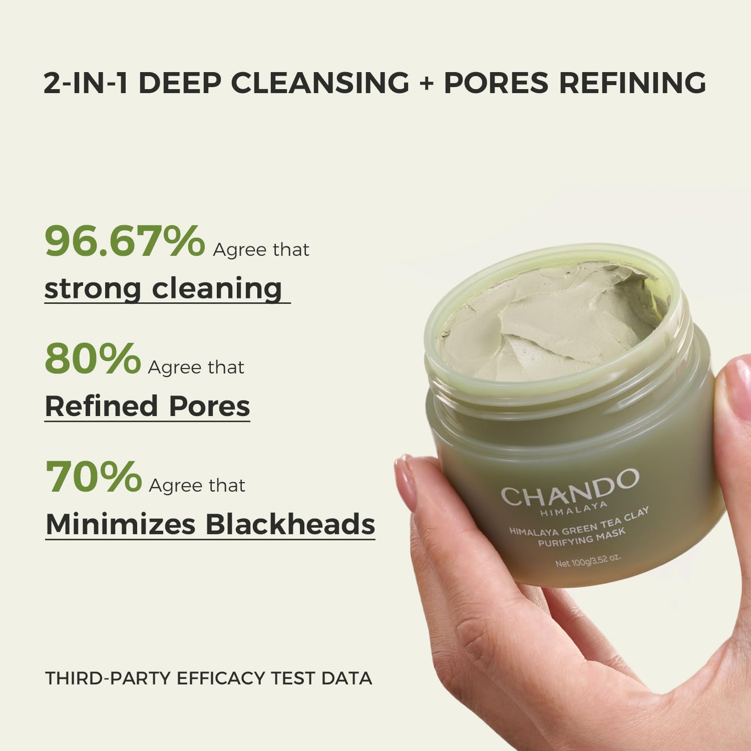 CHANDO HIMALAYA jar next to a hand to show actual 3.52 fl.oz size