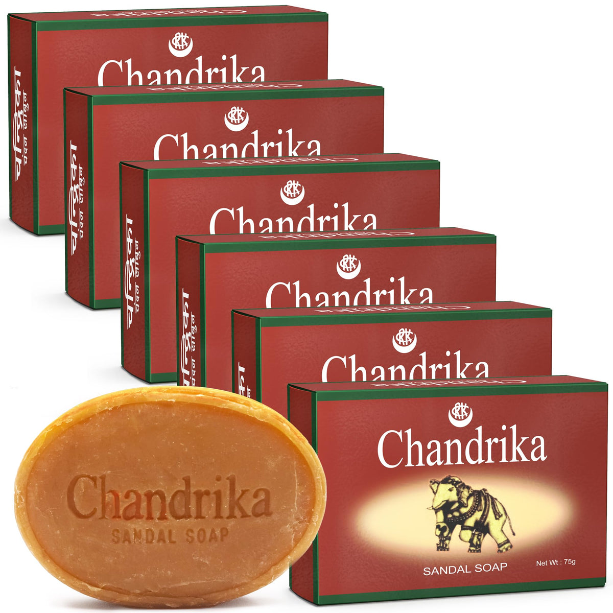 Chandrika soap front packaging showing brand and sandalwood benefits