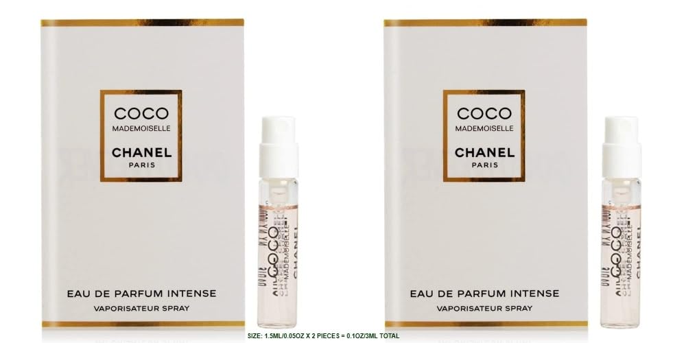 CHANEL Coco Mademoiselle Intense front view showing two sample vials and labels for quick identification and trial