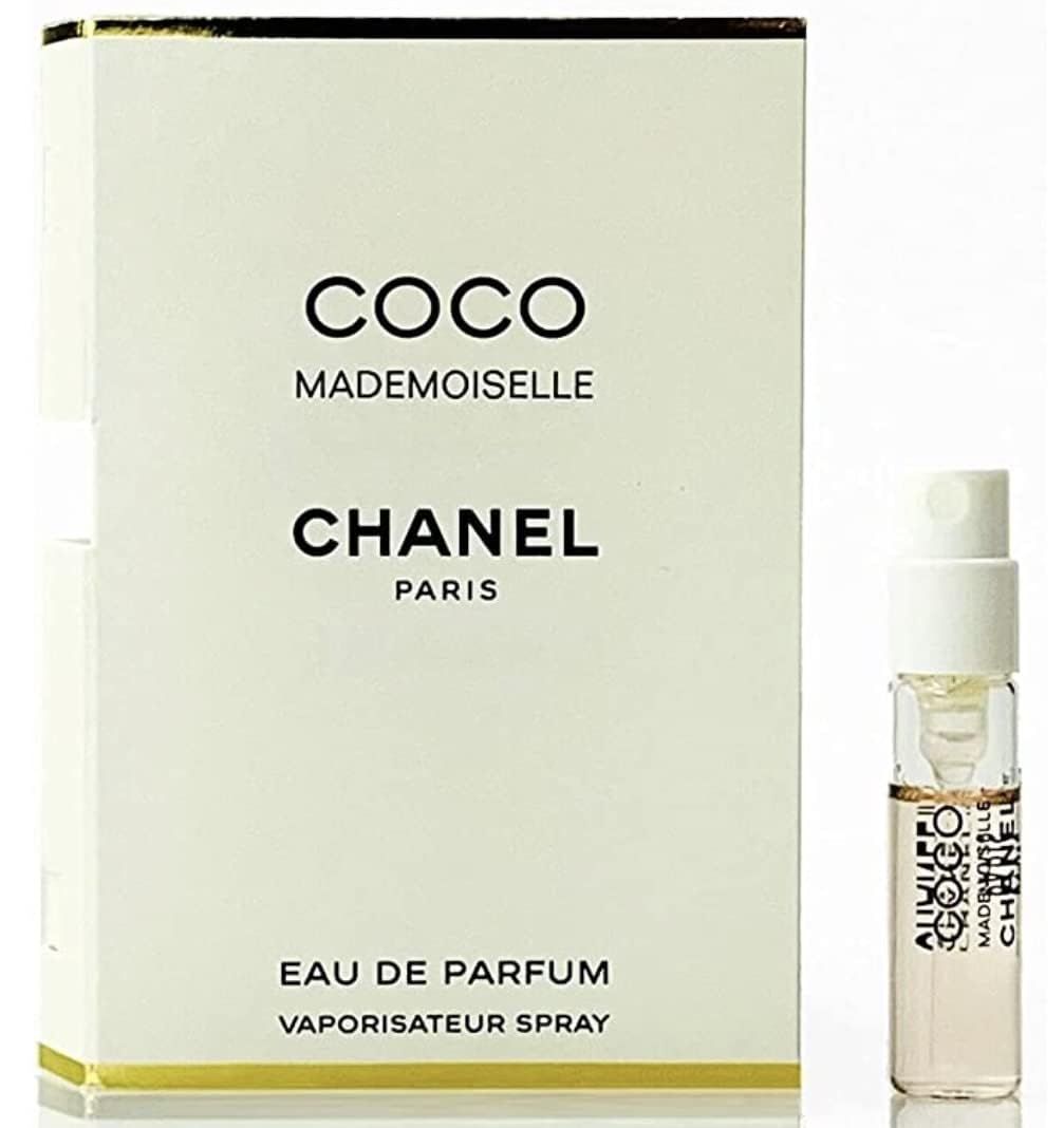 CHANEL COCO MADEMOISELLE vial on card front view highlights brand and portable sampling