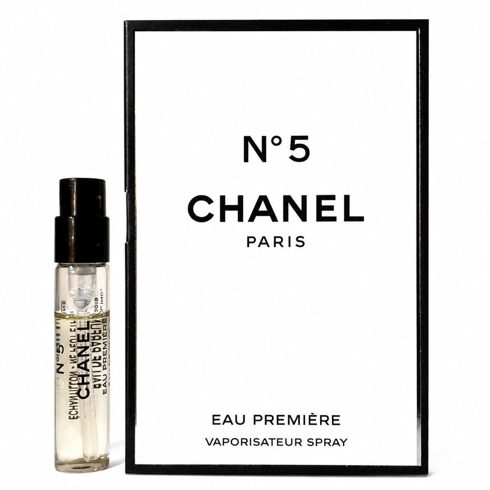 CHANEL No.5 vial front view showing elegant label and compact size, perfect for travel
