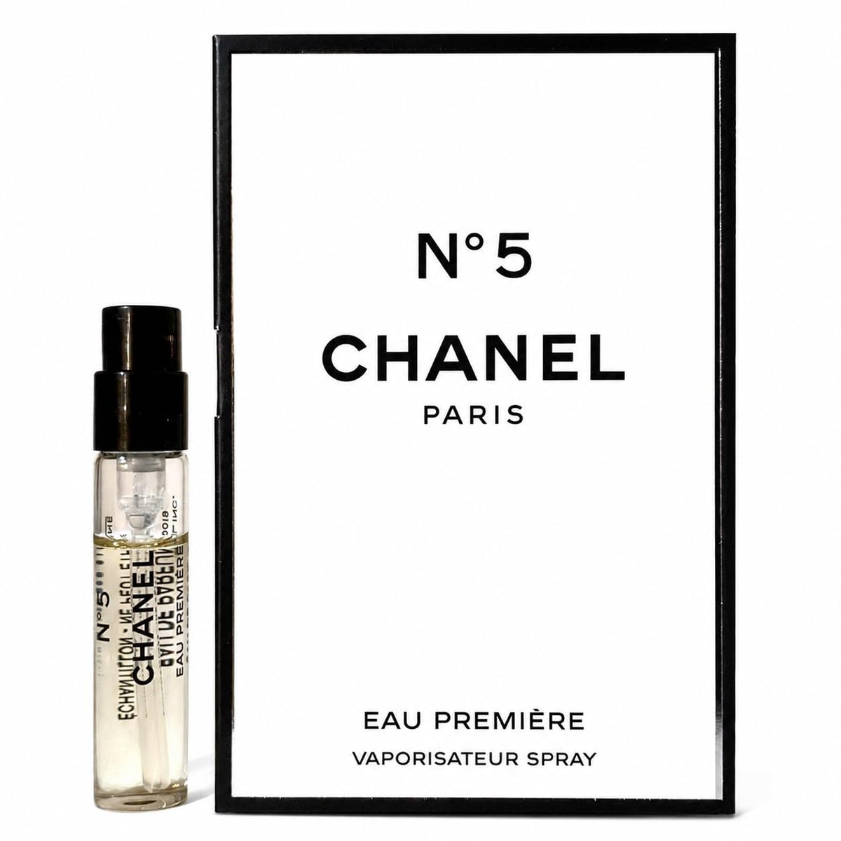 CHANEL No.5 vial front view showing elegant label and compact size, perfect for travel
