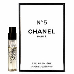 CHANEL No.5 vial front view showing elegant label and compact size, perfect for travel