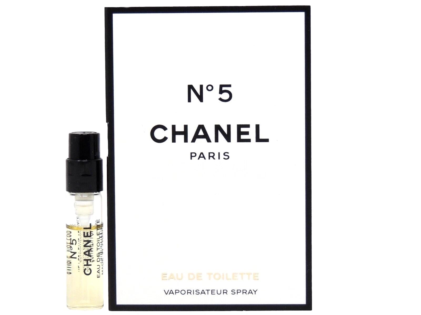 CHANEL No. 5 front view of 0.05 oz vial showing compact travel-ready design and elegant branding