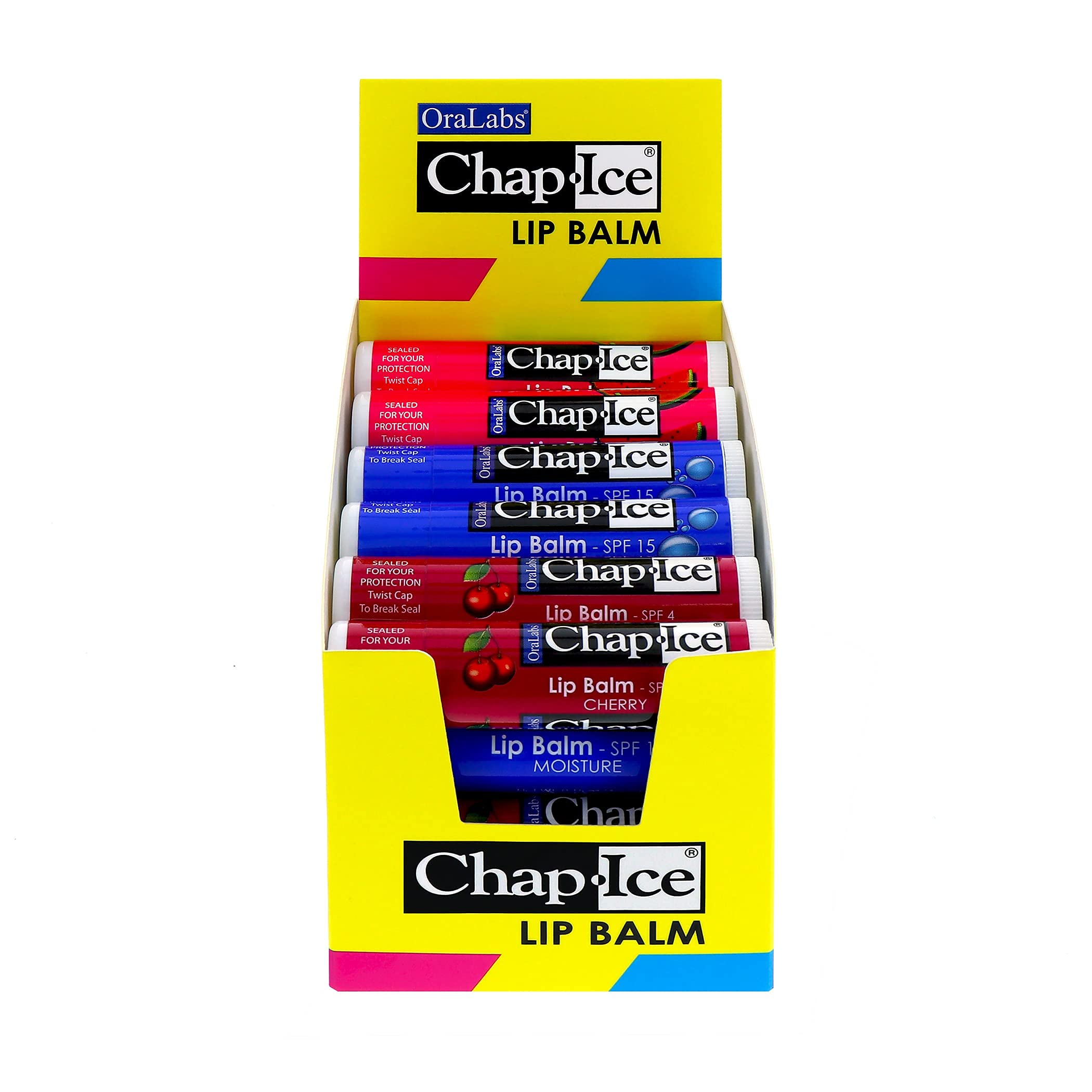Laid out CHAP-ICE Cherry, Moisture SPF-15, Watermelon for gifting and bulk use