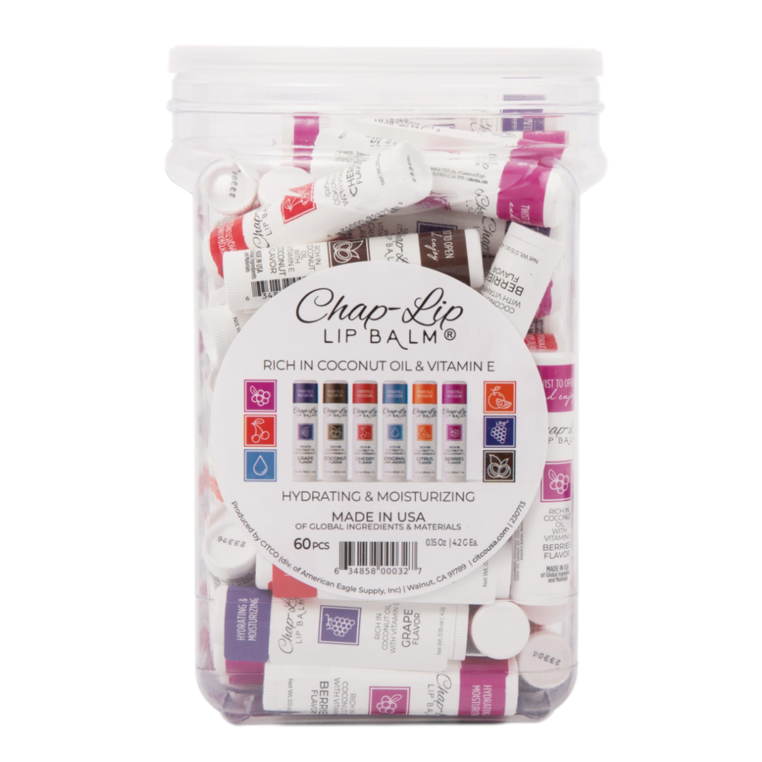 Chap-Lip jar of 60 tubes showing assortment and easy access, brand delivers value
