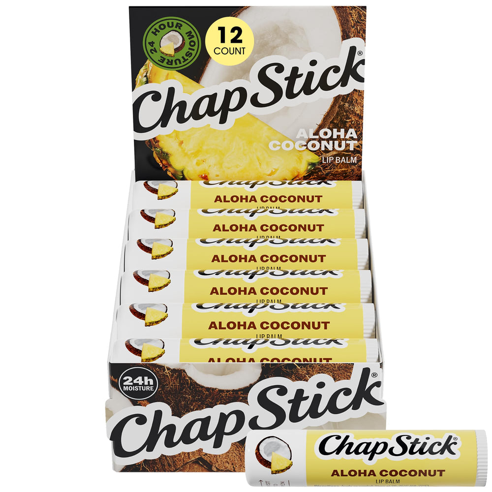 ChapStick Aloha Coconut front pack showing twelve tubes and branding benefits