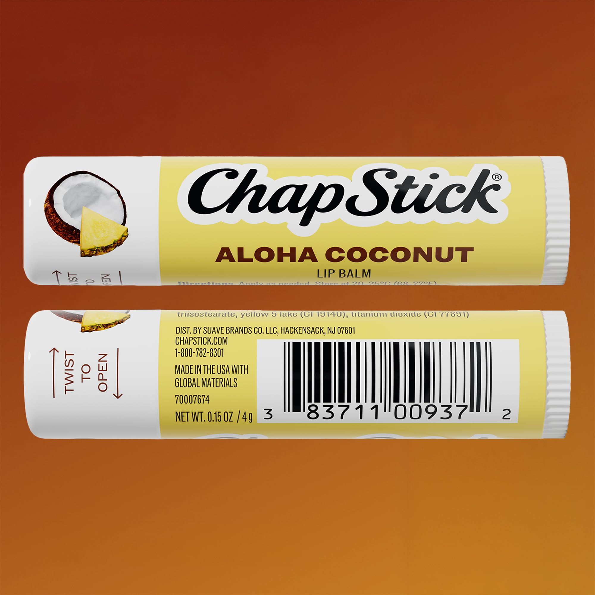 Ingredients label on ChapStick Aloha Coconut tube highlighting clean-formula benefits