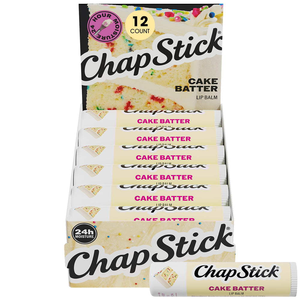 ChapStick front packaging showing cake batter 12-pack and convenient value