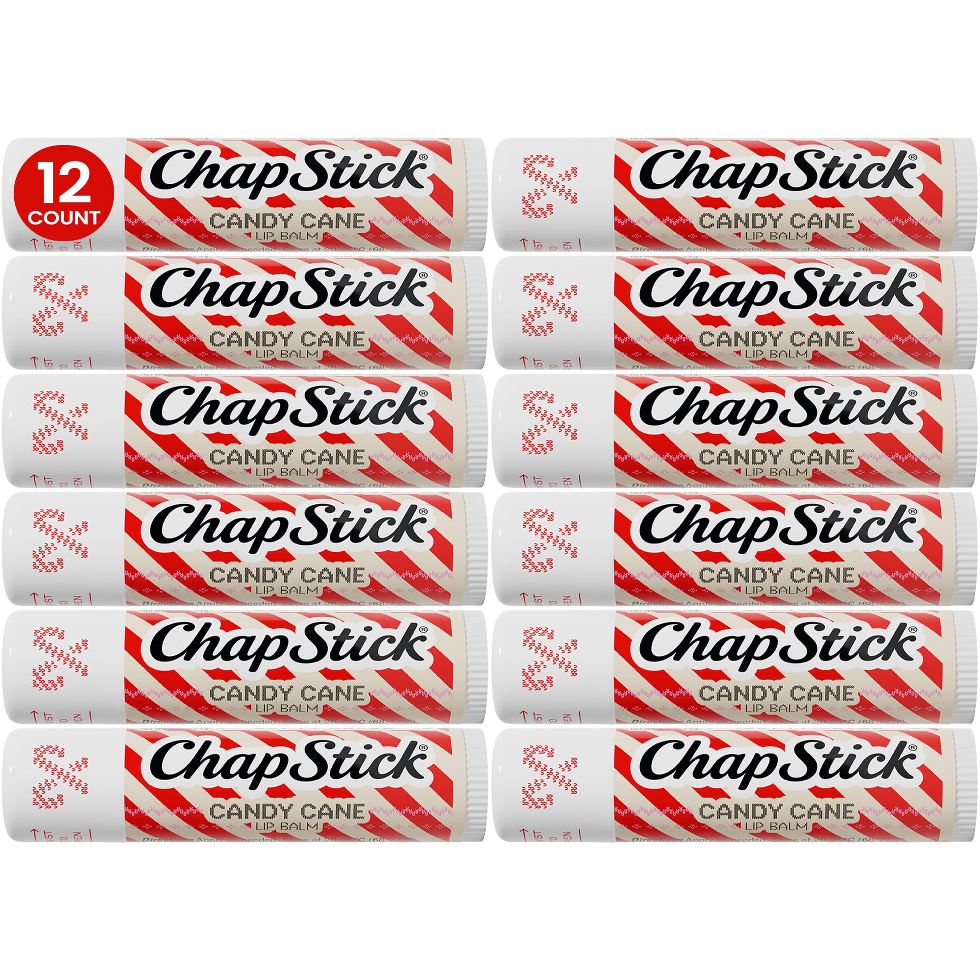 ChapStick candy cane front packaging showing 12-pack and festive design benefit easy gifting