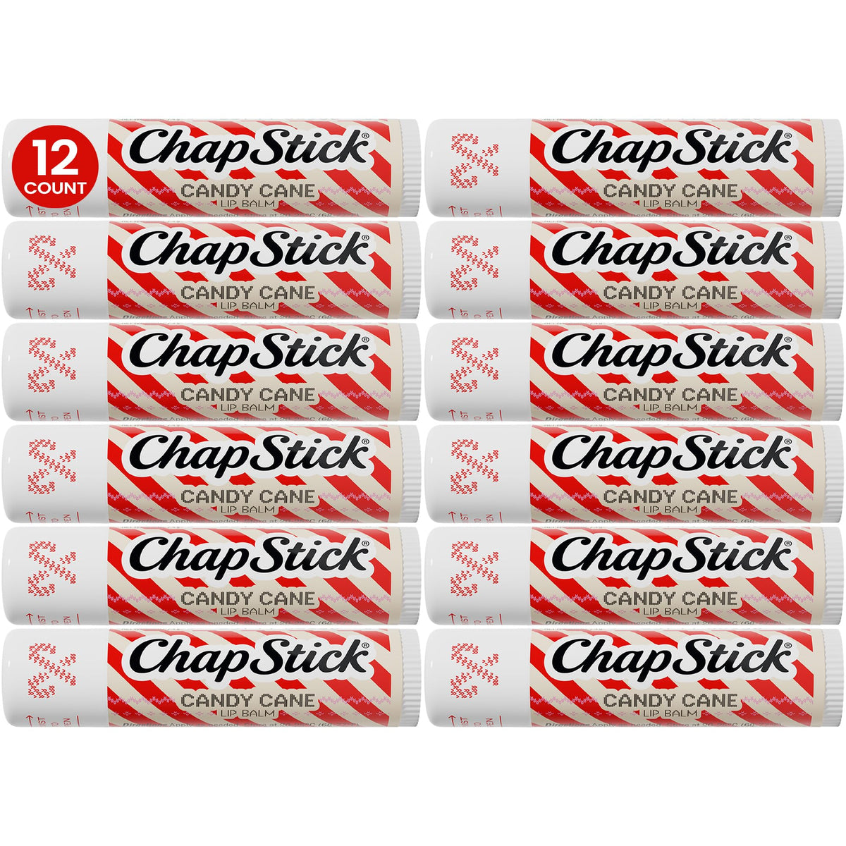 ChapStick candy cane front packaging showing 12-pack and festive design benefit easy gifting