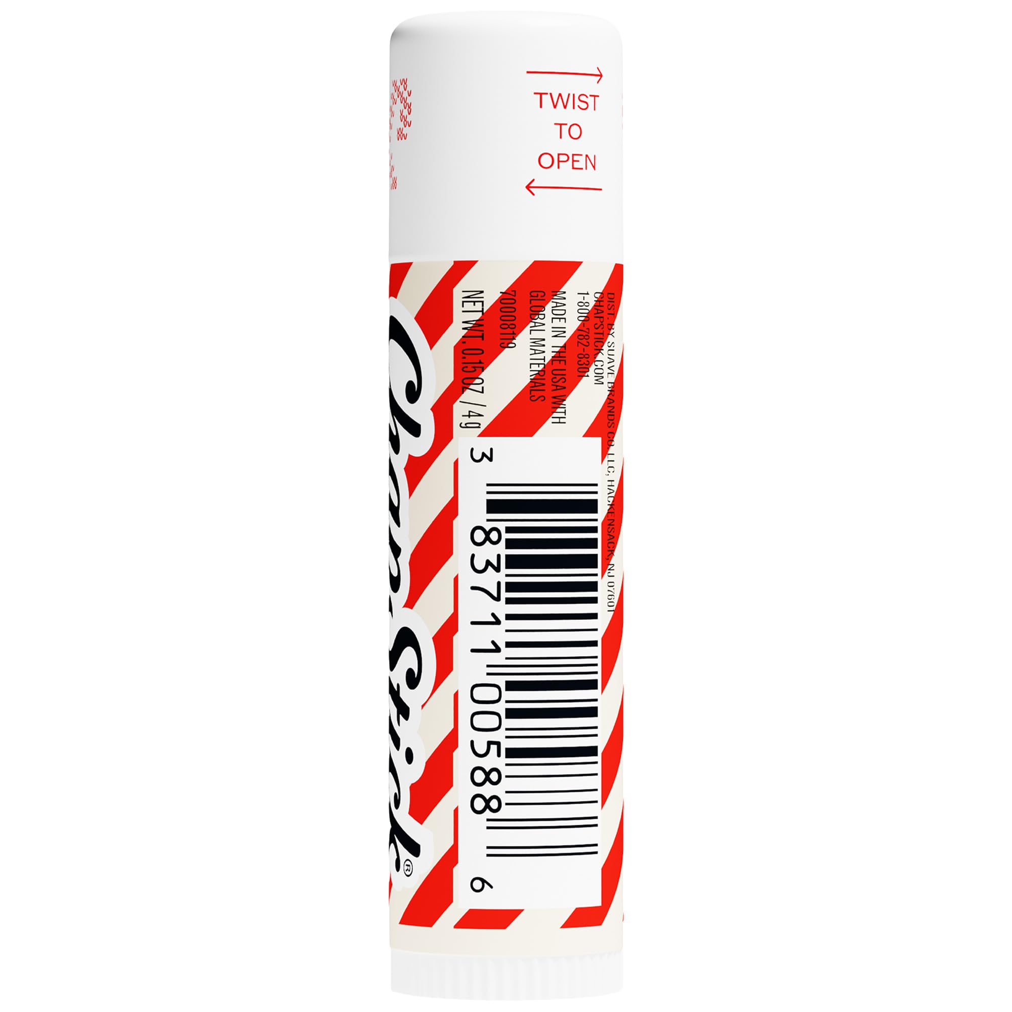 Hand holding ChapStick candy cane beside coin for scale showing compact, travel-friendly size