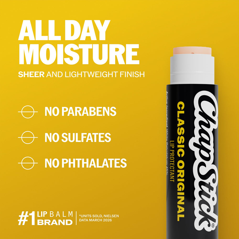 Hand applying ChapStick Classic tube to lips illustrating easy one-handed use benefit