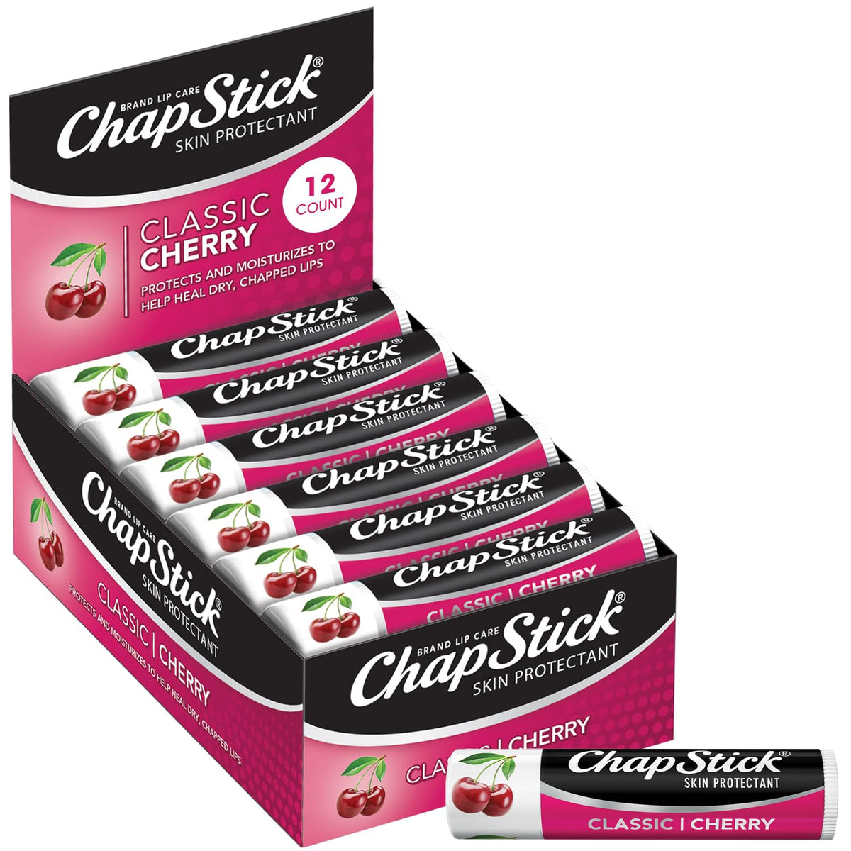 ChapStick Classic Cherry front packaging showing 12-count convenience