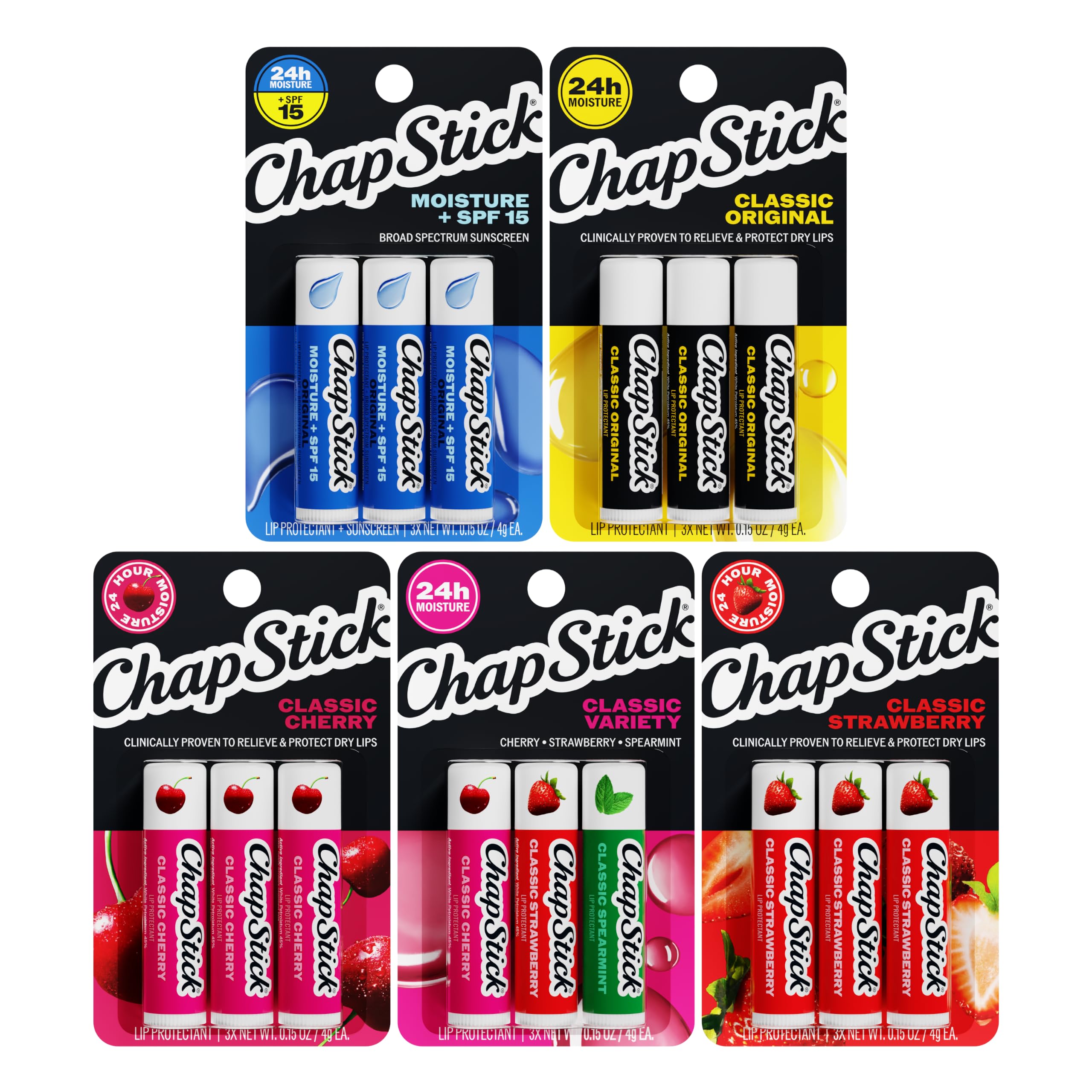 ChapStick Classic 15-pack front packaging showing variety and convenience