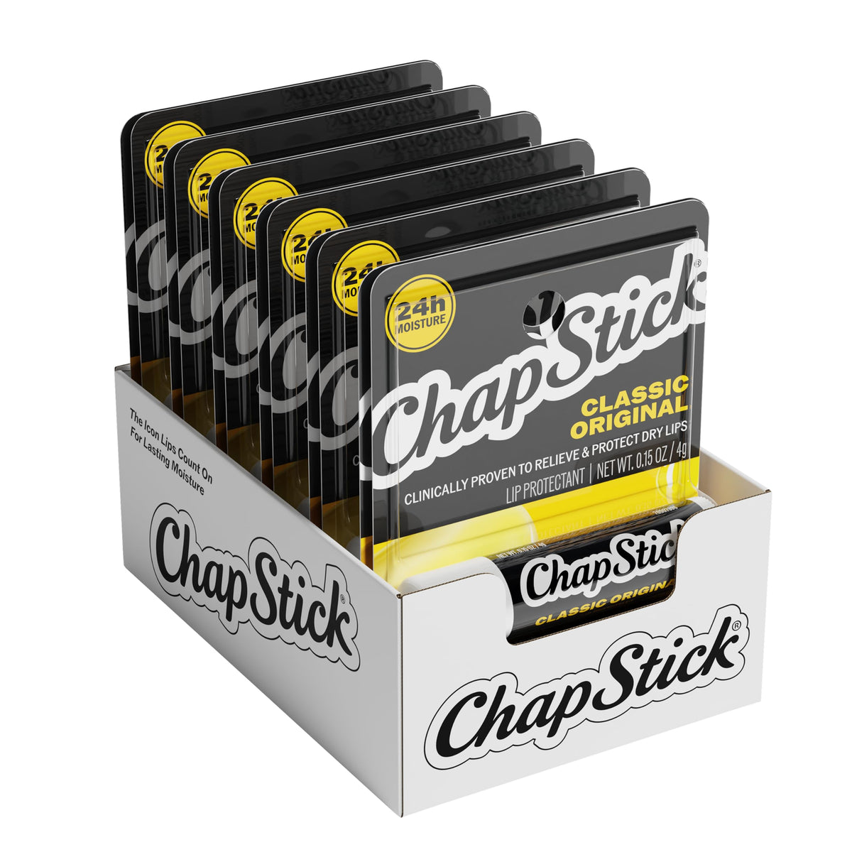 ChapStick front packaging showing 12 sticks and reliable on-the-go moisture