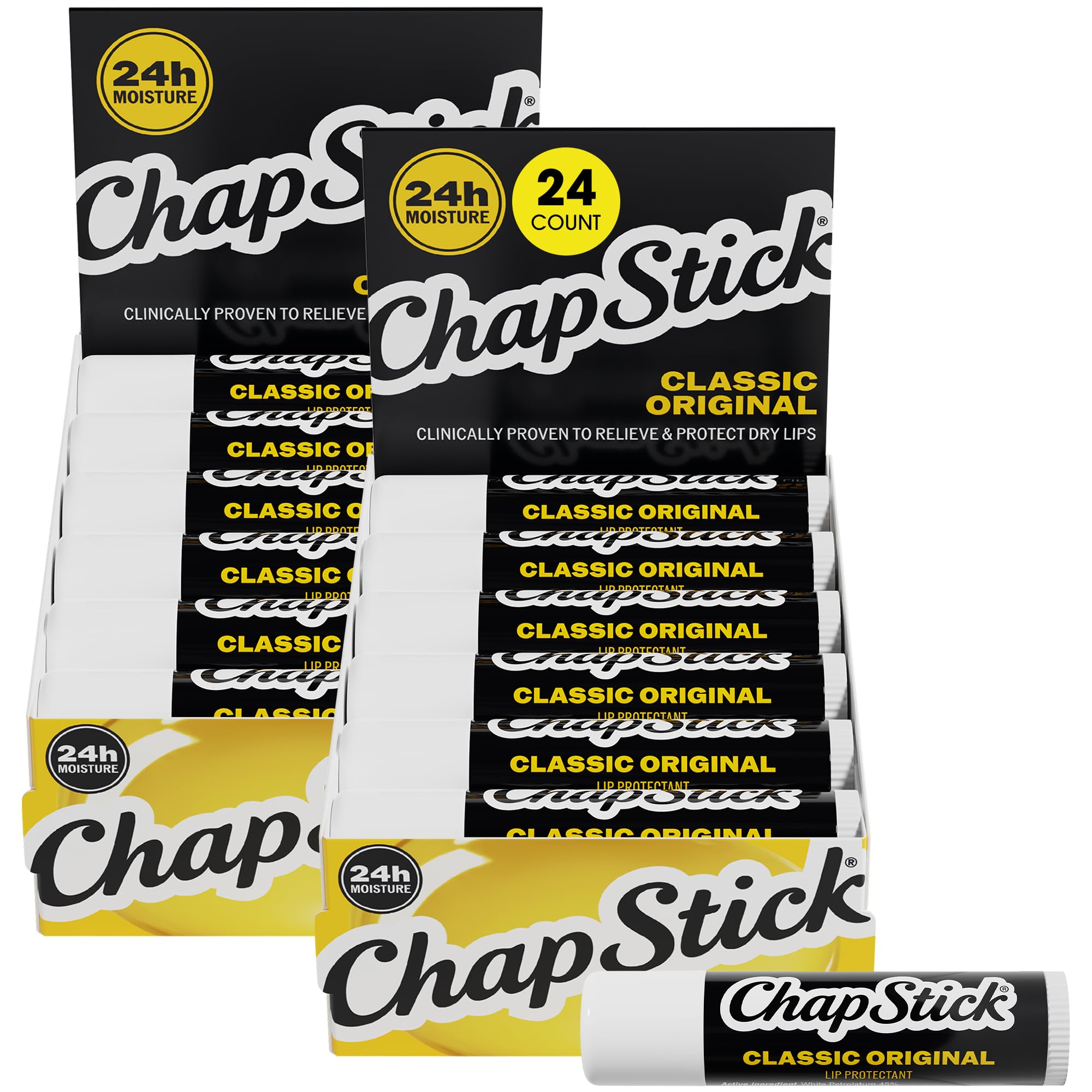 ChapStick Classic front packaging showing 24-count pack and protective benefit