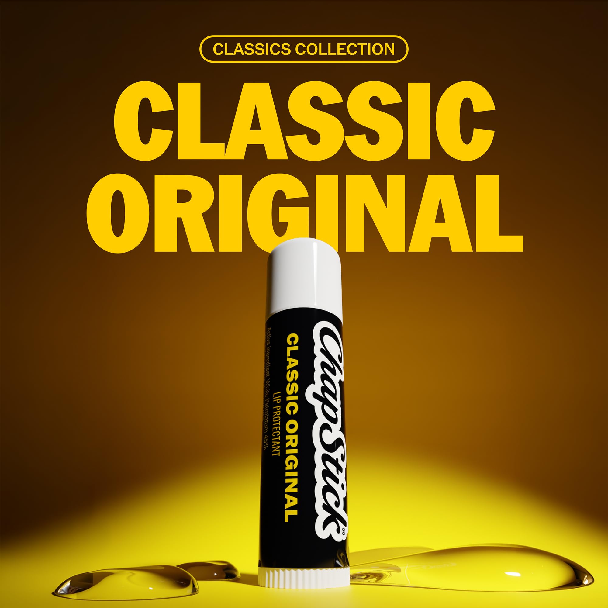 Close-up of a ChapStick Classic tube displaying smooth applicator and moisturizing benefit