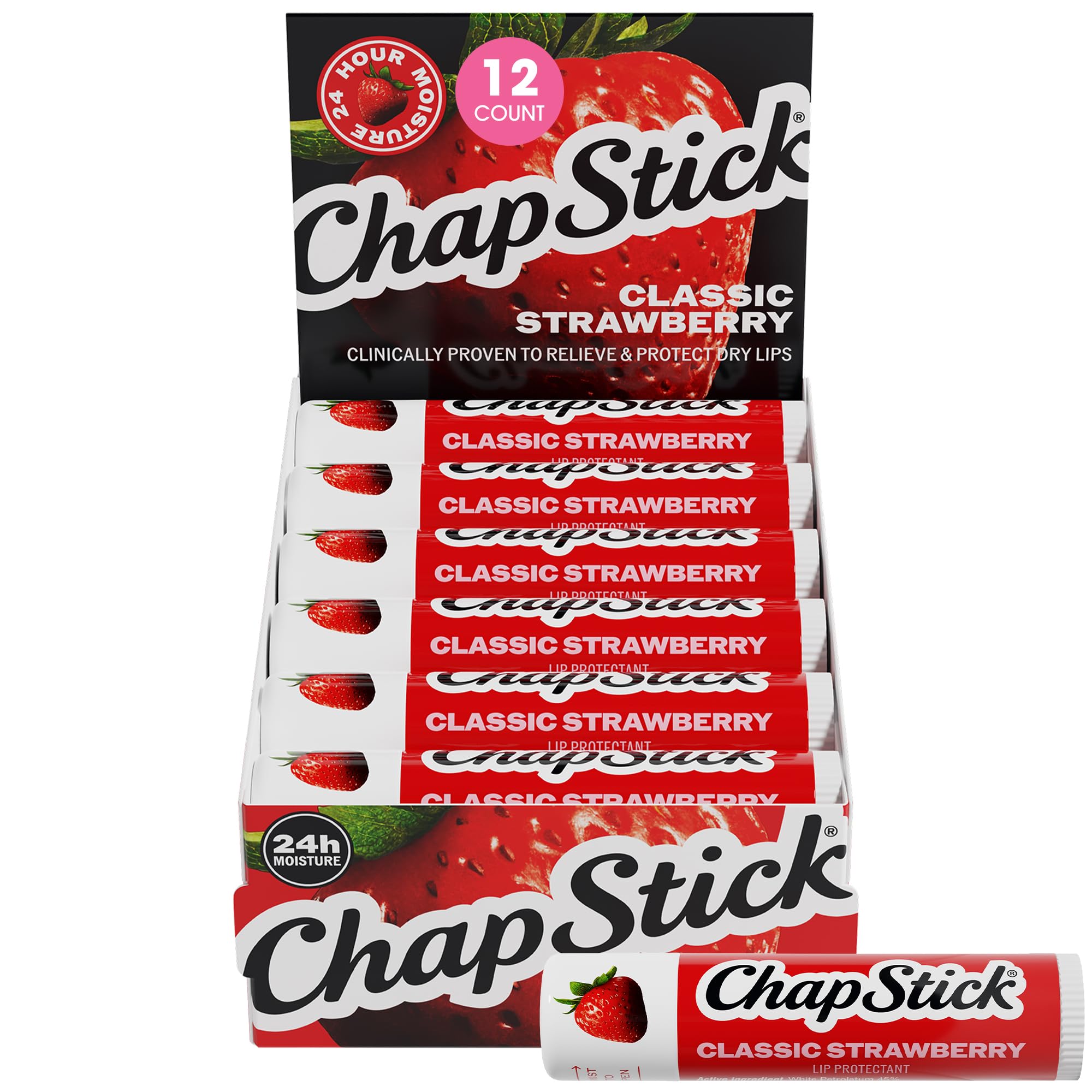 ChapStick tube front packaging showing strawberry flavor and easy grab
