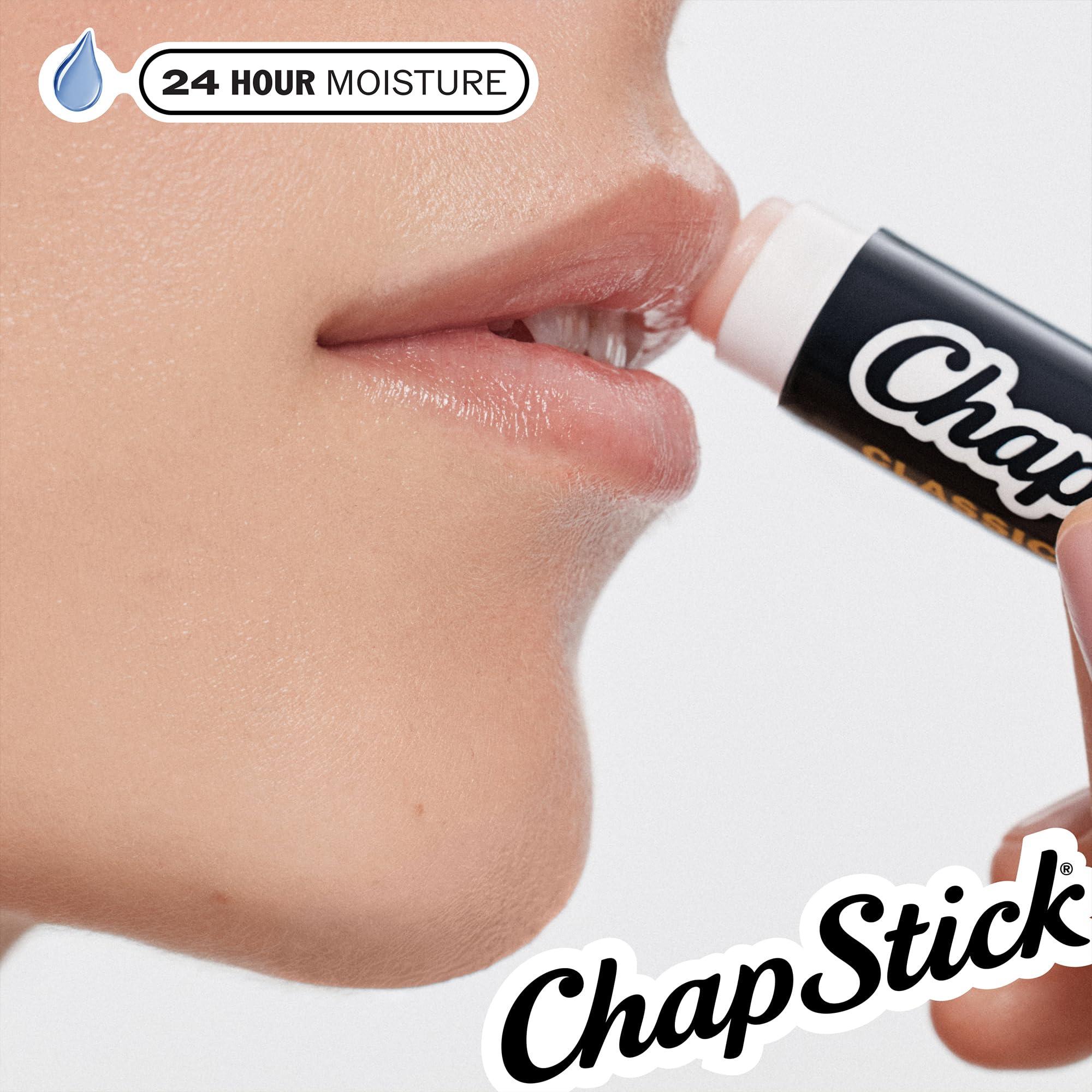 Texture swipe of ChapStick Classic on lips showing emollient finish and comfort benefit