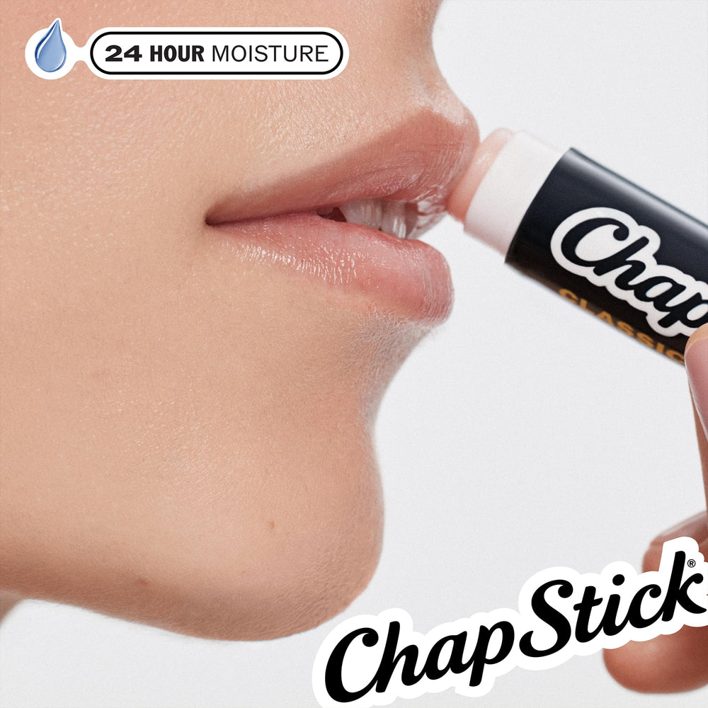 Texture swipe of ChapStick Classic on lips showing emollient finish and comfort benefit