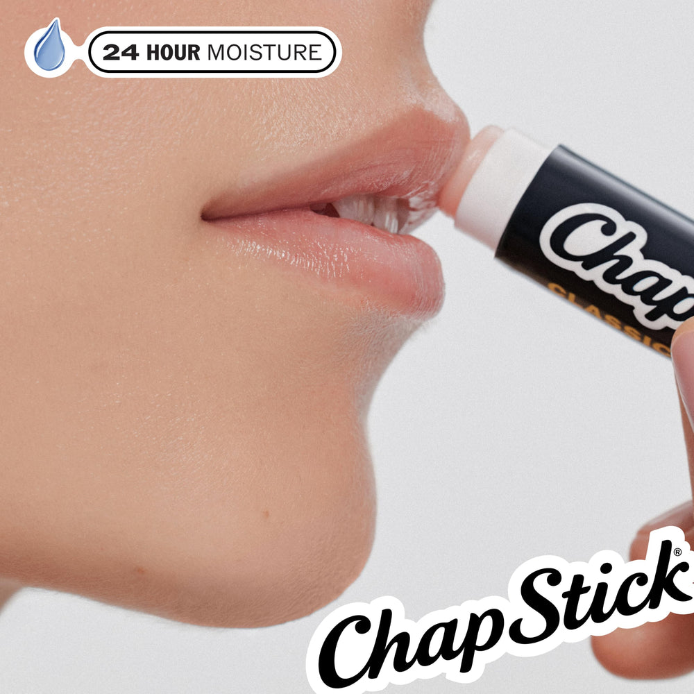 ChapStick tube label close-up showing brand and classic protective formula benefit
