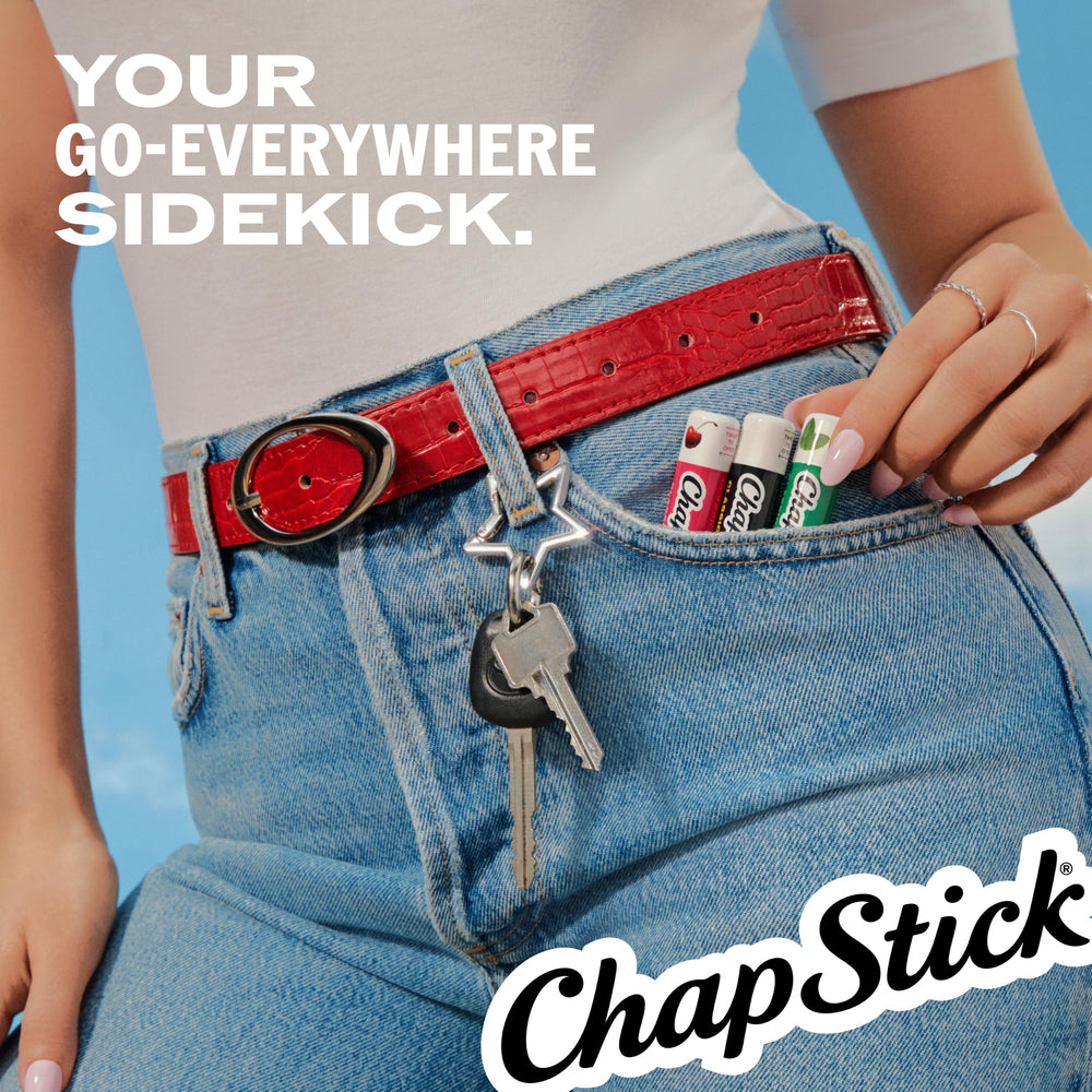 ChapStick tube texture swipe on skin showing lightweight, non-greasy finish