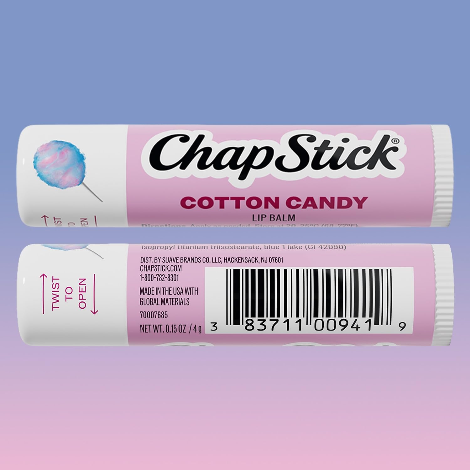 ChapStick cotton candy beside a coin showing compact size and travel-friendly benefit