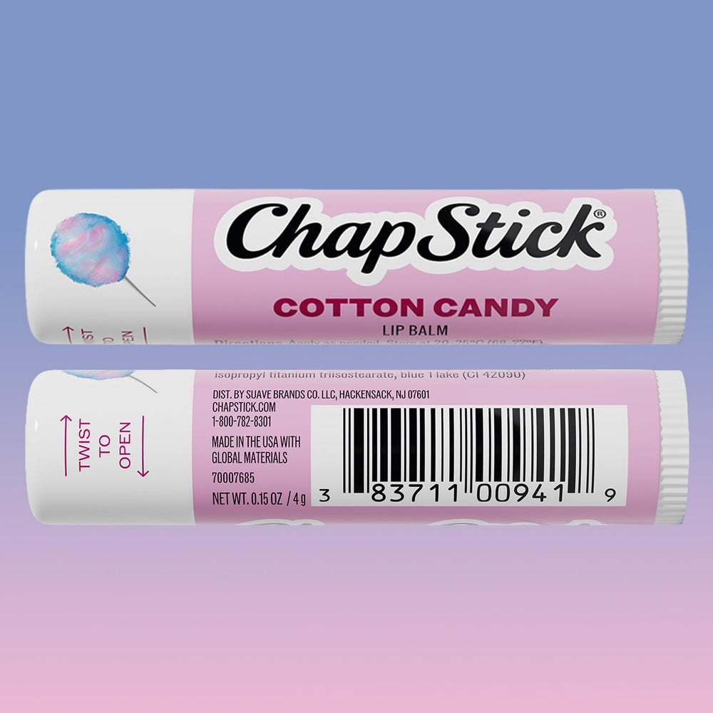 ChapStick cotton candy beside a coin showing compact size and travel-friendly benefit