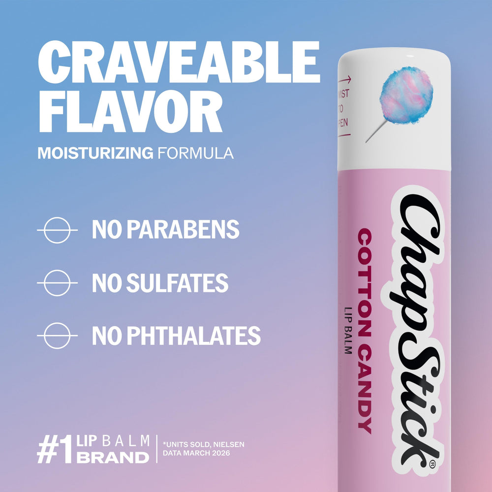 ChapStick cotton candy ingredient label closeup highlighting paraben-free formulation benefit