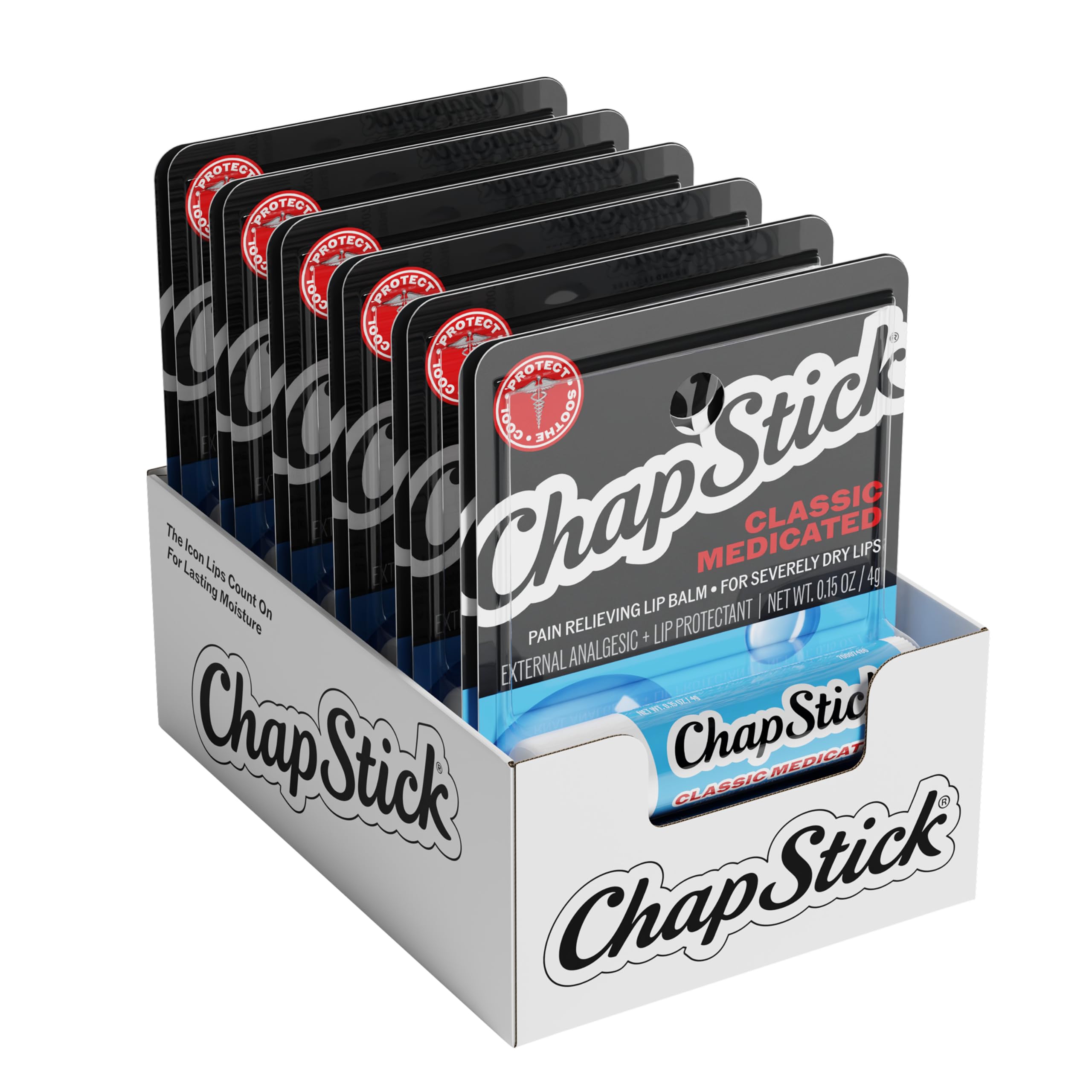 ChapStick medicated front packaging showing brand and multipack convenience