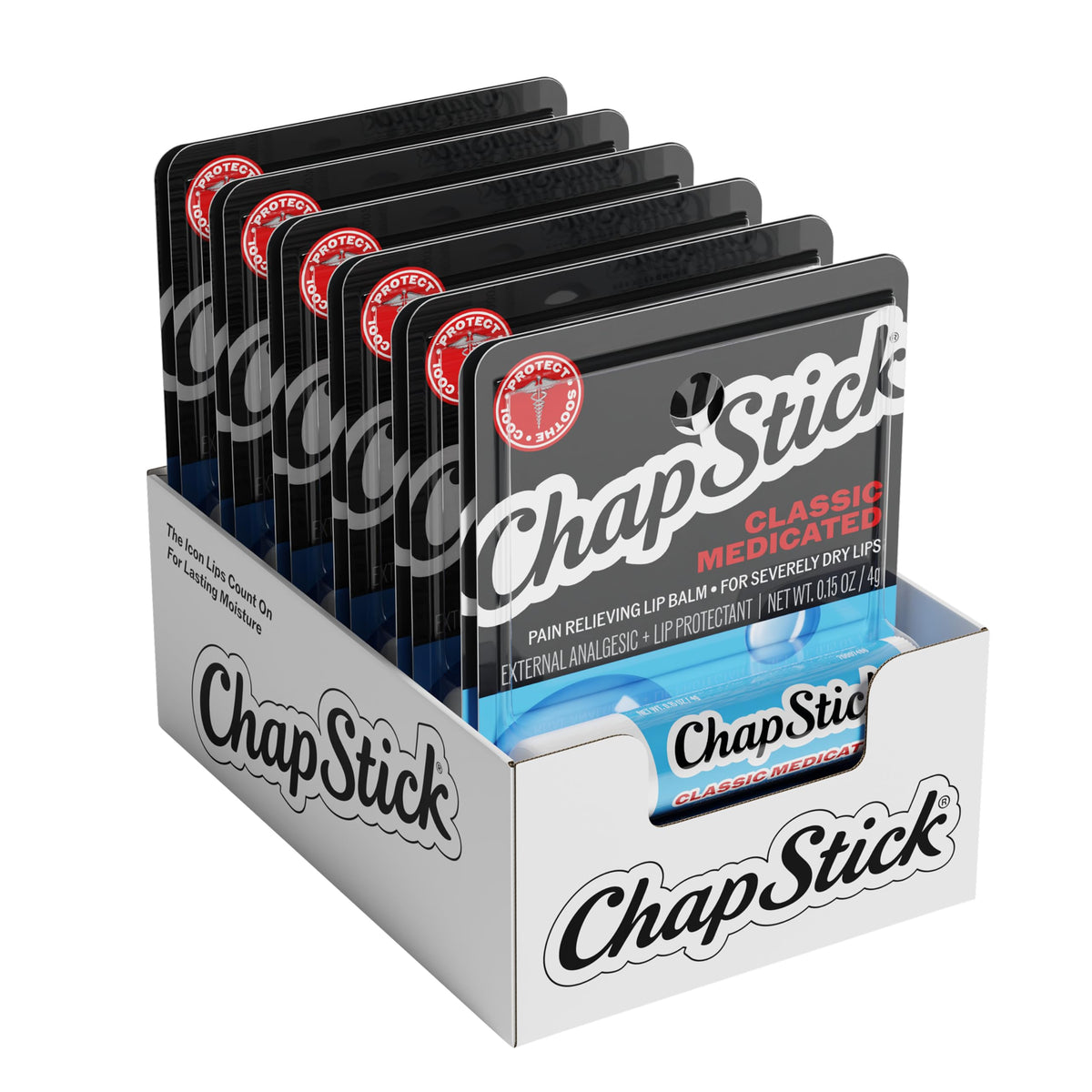 ChapStick medicated front packaging showing brand and multipack convenience