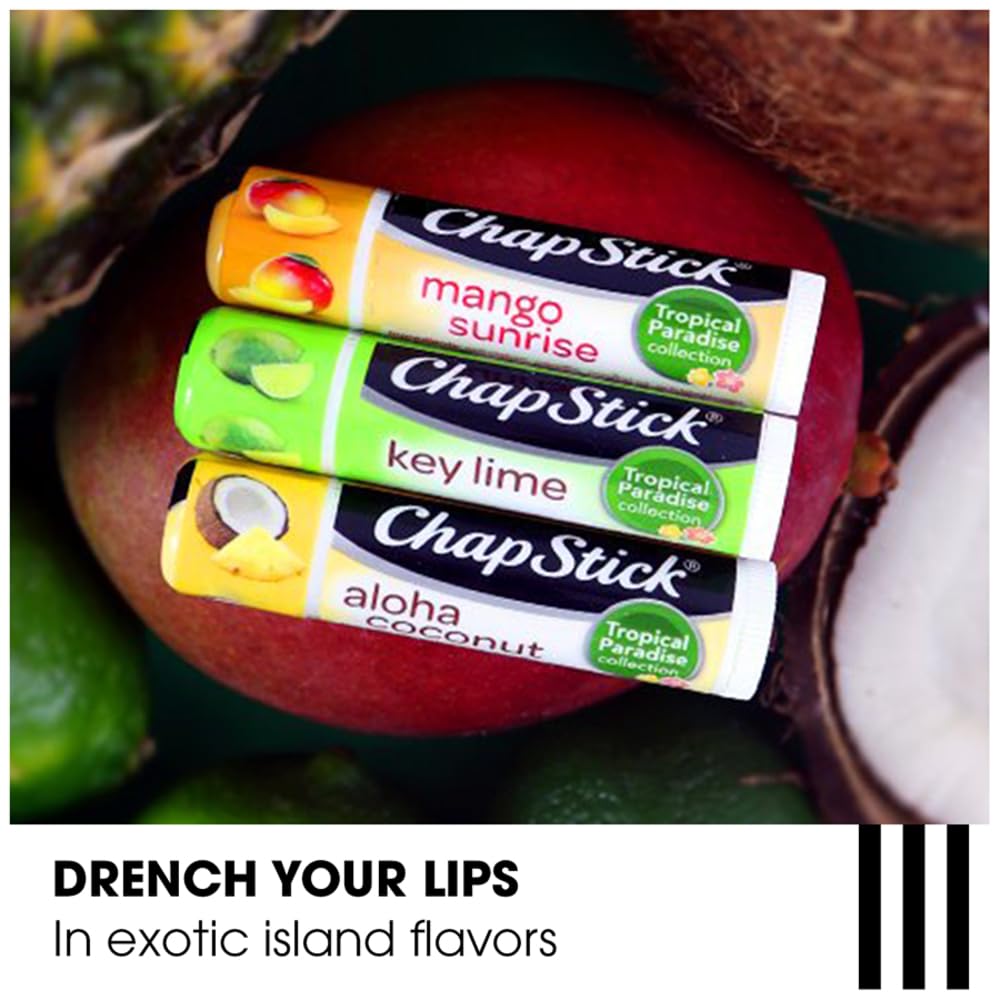 ChapStick tubes beside sliced fruit illustrating flavor inspirations and fresh scent appeal