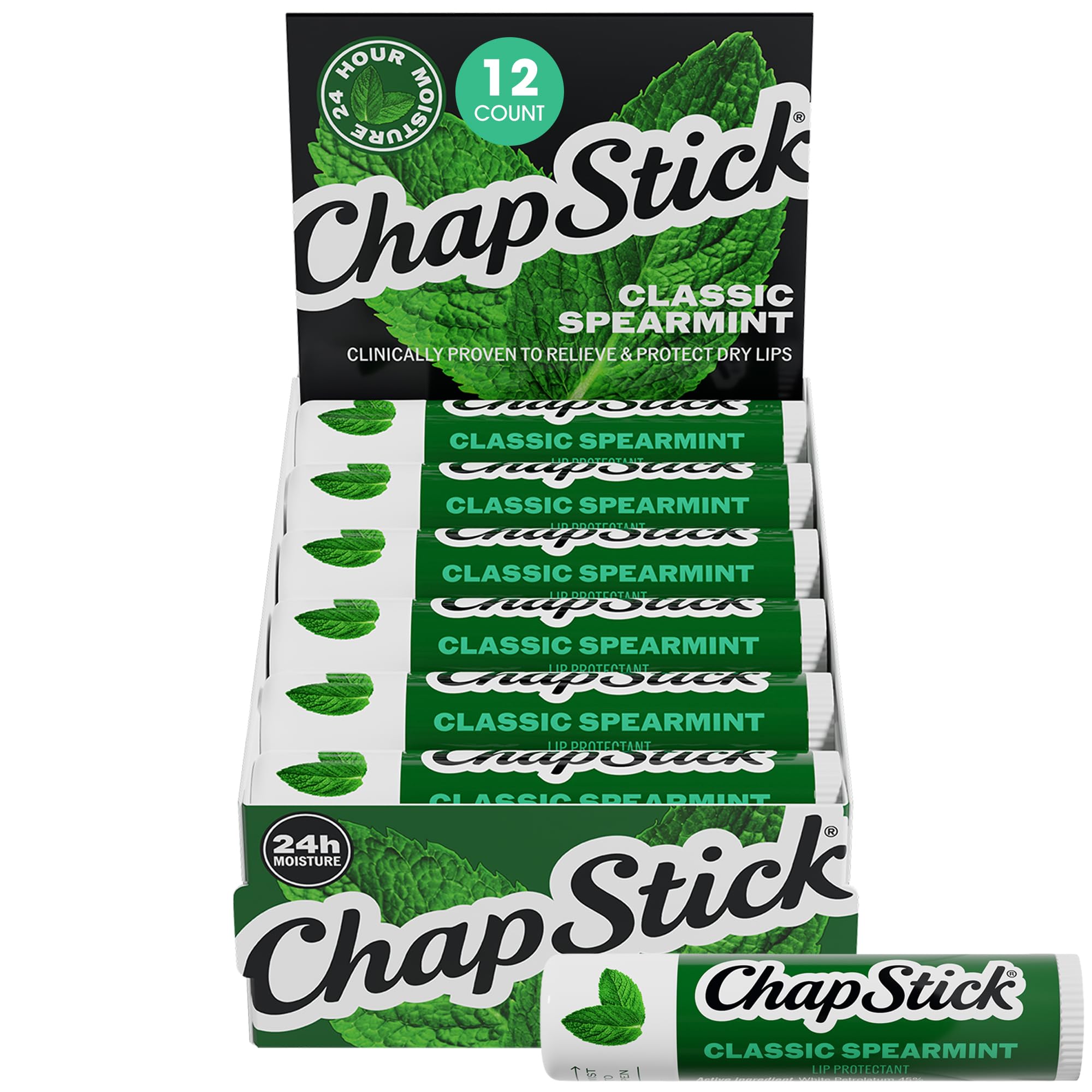 ChapStick spearmint front packaging showing brand and 12-pack convenience