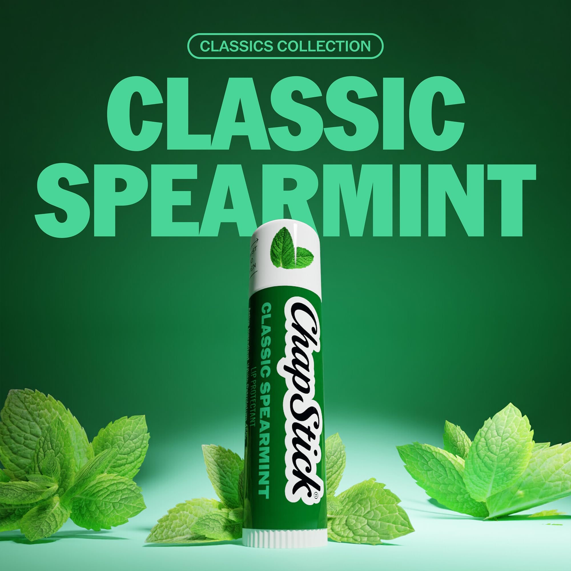 ChapStick spearmint tube close-up highlighting easy glide and protection