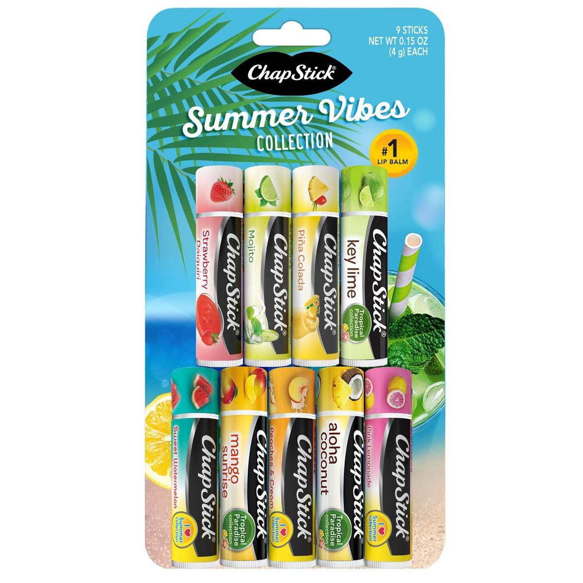 ChapStick Summer Vibes collection front view showing nine flavored tubes for convenient hydration