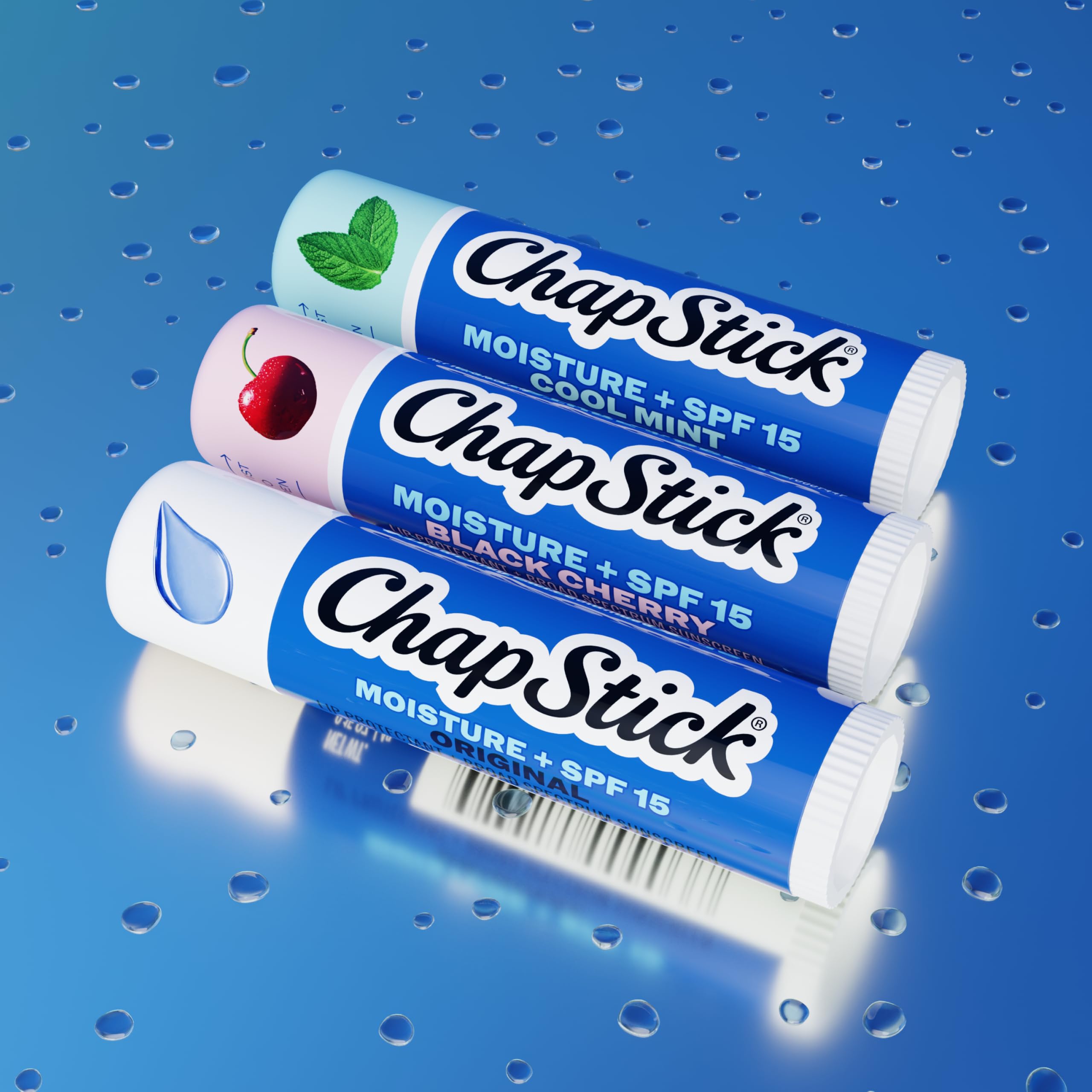 ChapStick near water showing water-resistant protection up to 80 minutes