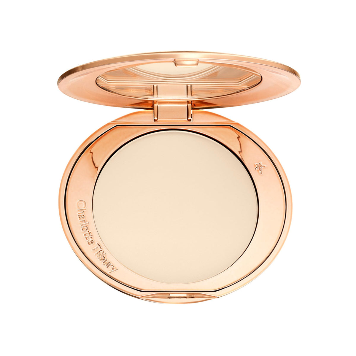 Charlotte Tilbury compact front view showing sleek design and portability