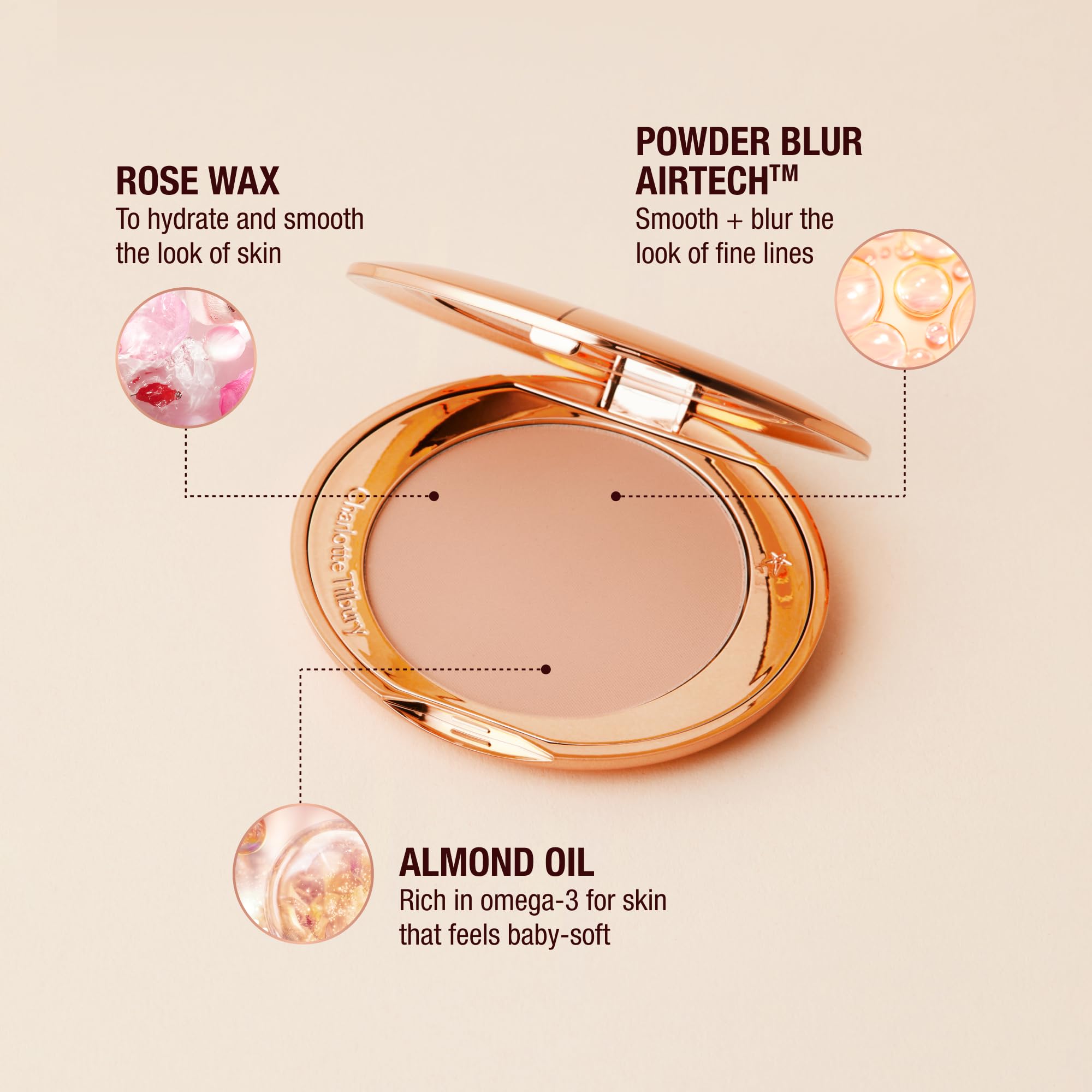 Charlotte Tilbury compact next to hand showing scale and travel-friendly size