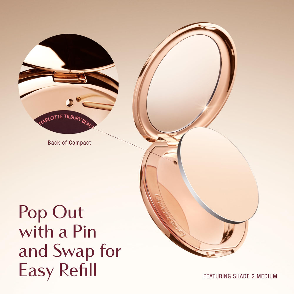 Charlotte Tilbury compact open with mirror indicating refill compatibility and convenience
